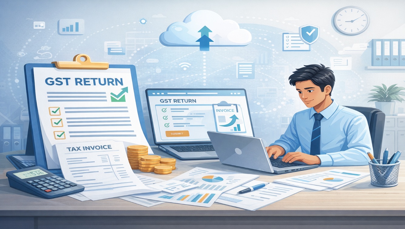 Illustration of GST return filing documents and digital tax workflow