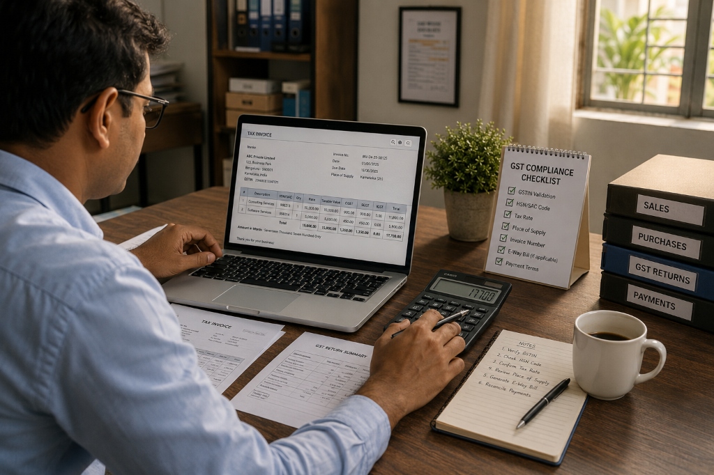 A business owner or accountant reviewing GST invoices on a laptop with printed invoices and a compliance checklist.