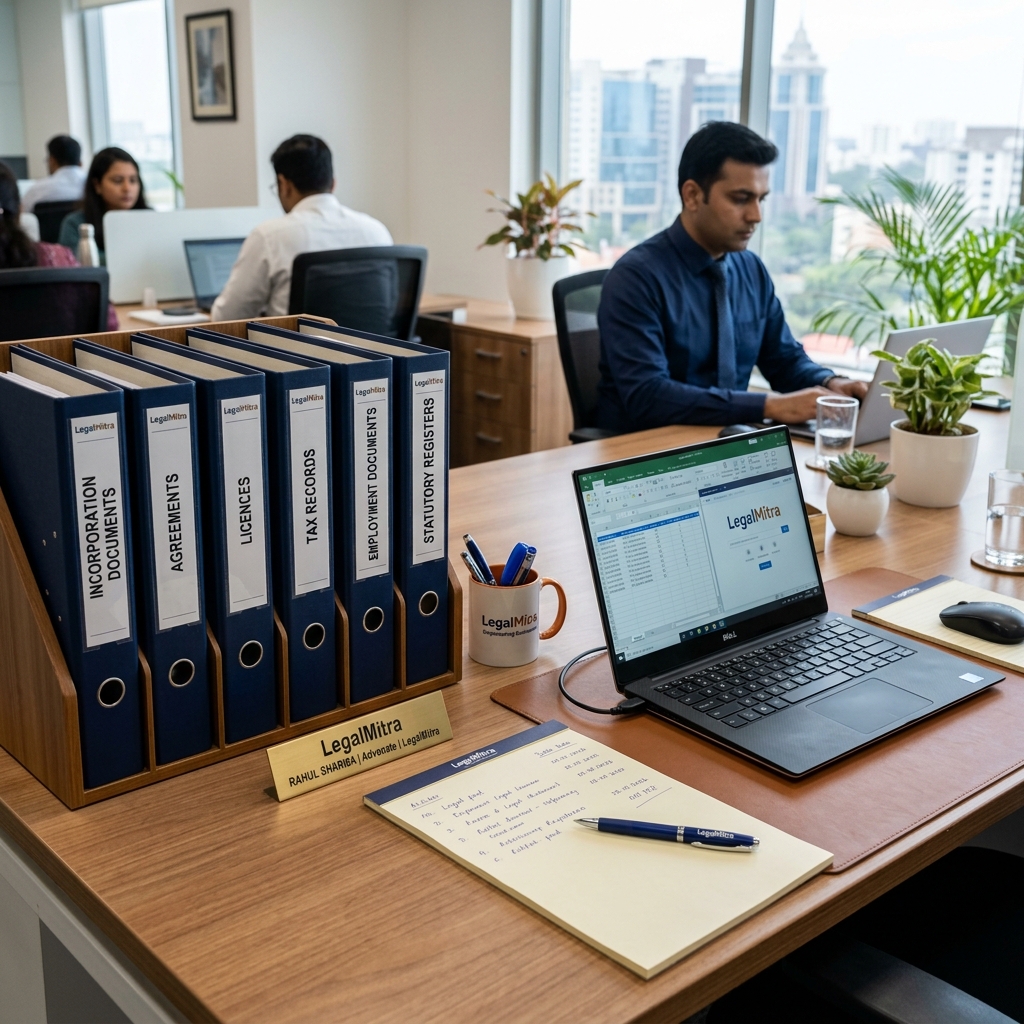 A professional Indian business office desk with neatly labelled folders: Incorporation Documents, Agreements, Licences, Tax Records, Employment Documents, and Statutory Registers. Include a laptop, pen, legal pad, and subtle LegalMitra branding.