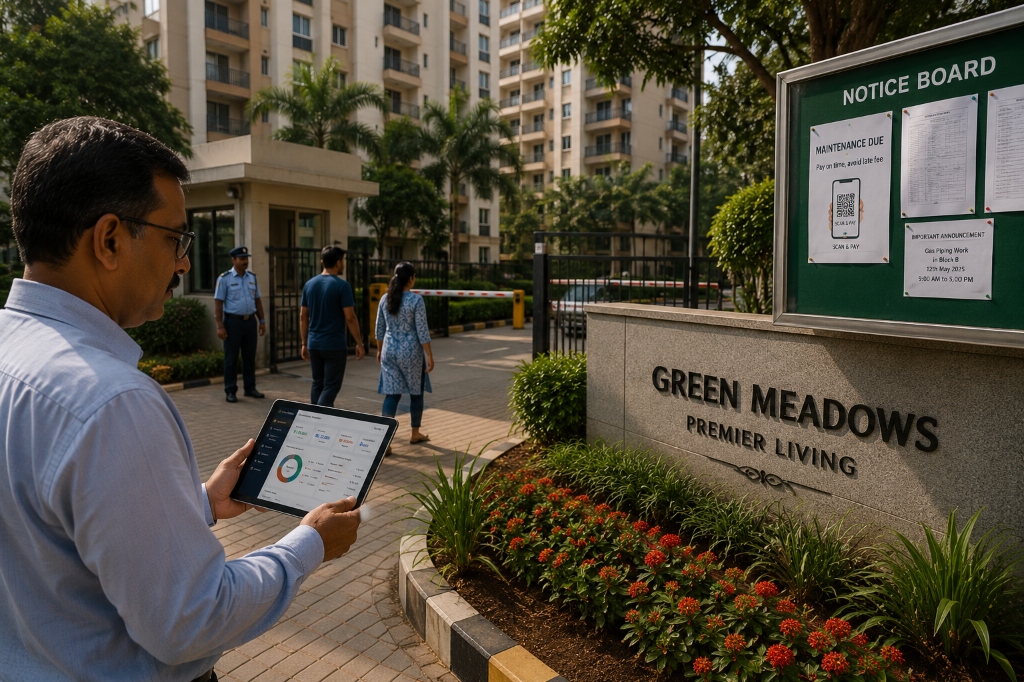 A committee member reviewing maintenance records on a tablet at a modern apartment housing society entrance.