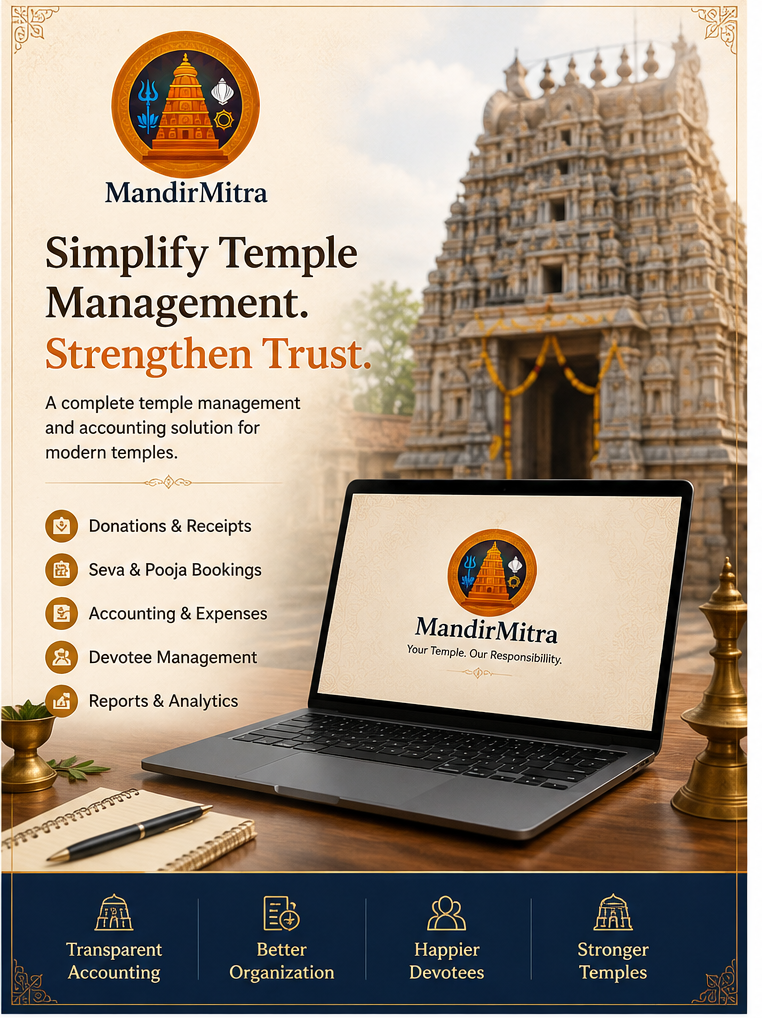 Administrator working on a laptop or tablet inside a peaceful temple office, with donation records and seva bookings visible on screen.