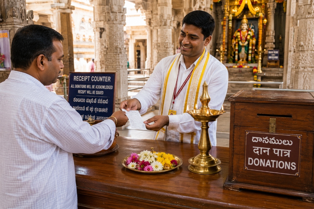 A devotee receiving a printed receipt at a traditional temple donation counter.
